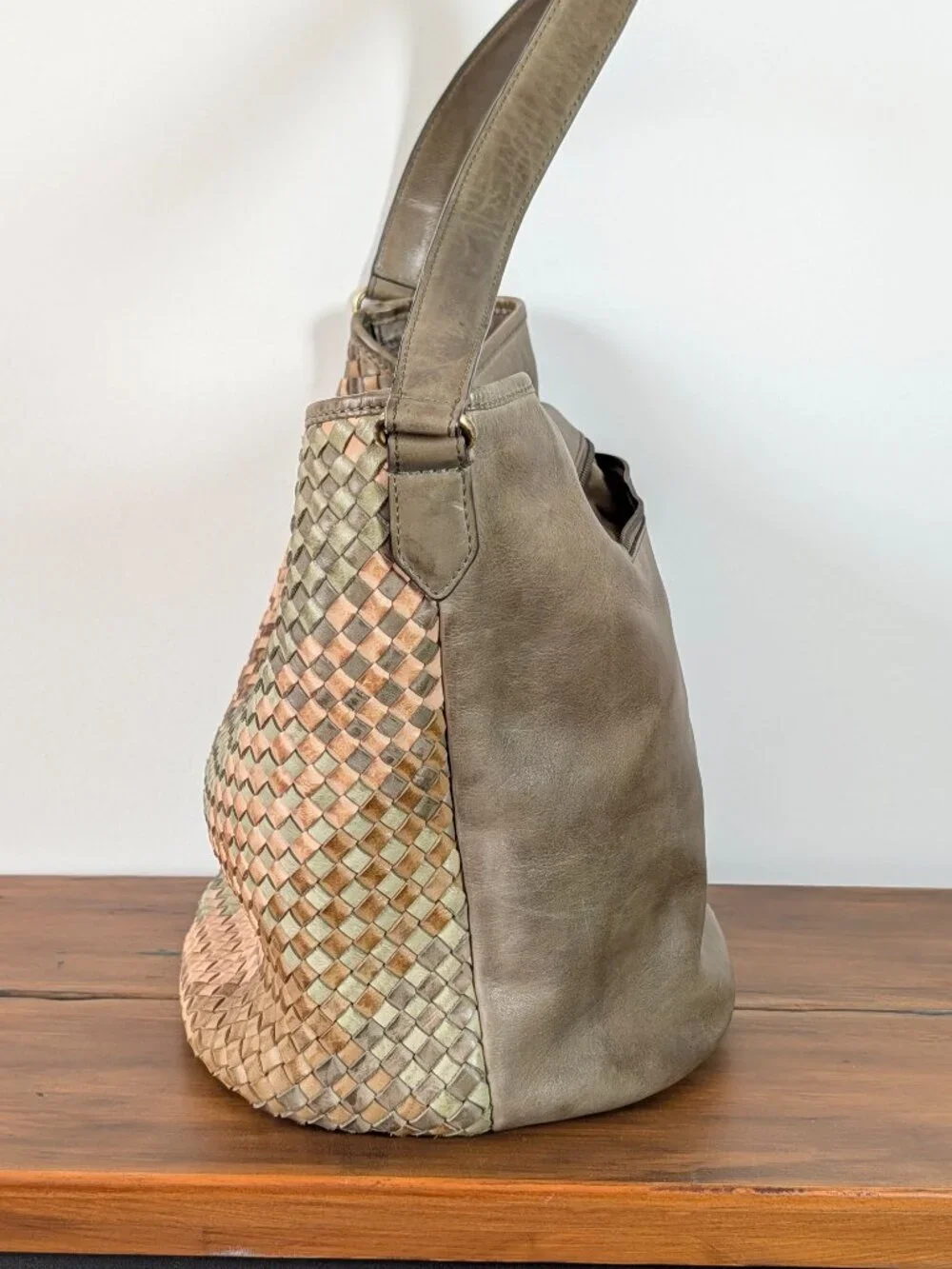 Genuine Leather Woven Tote Bag Multicolor Shoulder Purse Medium Size